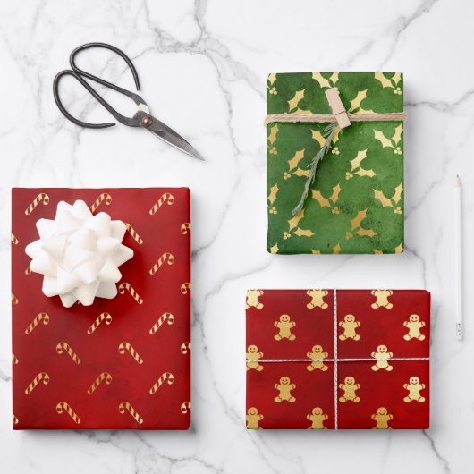 金ゴールドジンジャーブレッドマン、ホリーとキャンディーキャン ラッピングペーパーシート (正面)