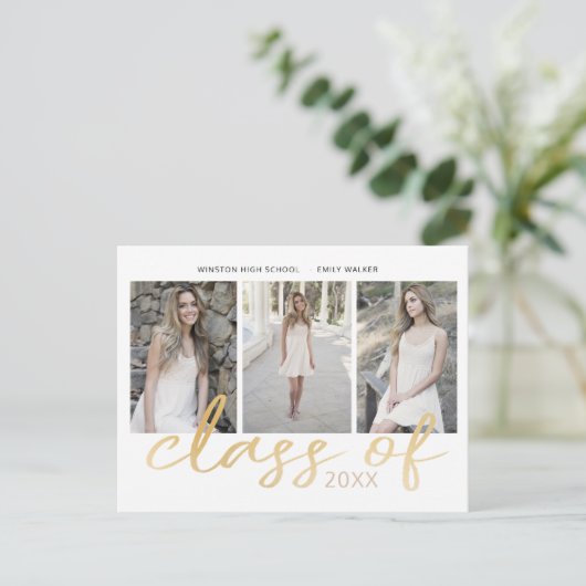 金ゴールドスお洒落クリプト写真の卒業 案内ポストカード (スタンド正面)