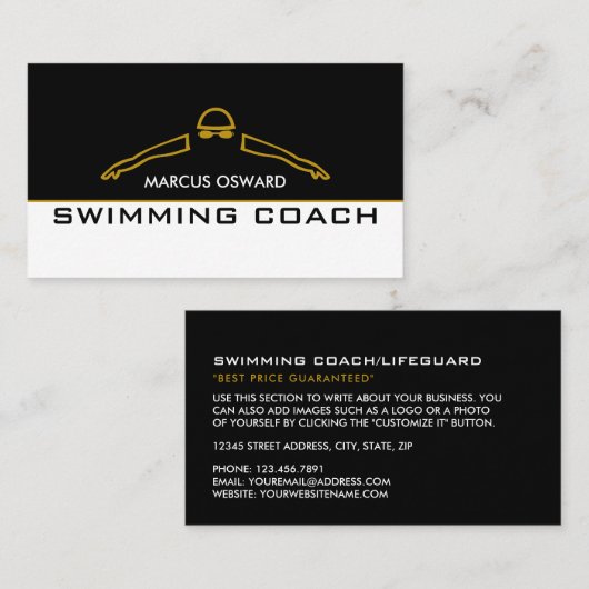 金ゴールドスイミングアイコン、スイミングコーチとライフガード 名刺 (正面/裏面)