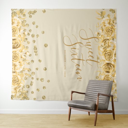 金ゴールドスイート16エレガントグリッター紙吹雪フローラ タペストリー (インサイチュ(横))