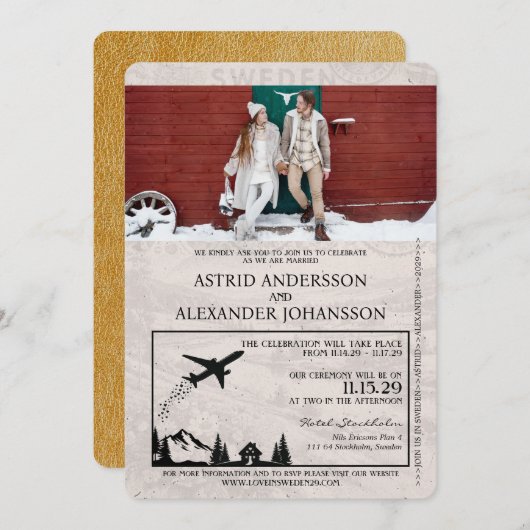 金ゴールドスウェーデンパスポート結婚式招待状 招待状 (正面/裏面)