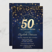 金ゴールドスエレガントターズネイビーブルー50th誕生日パーティー 招待状 (正面/裏面)