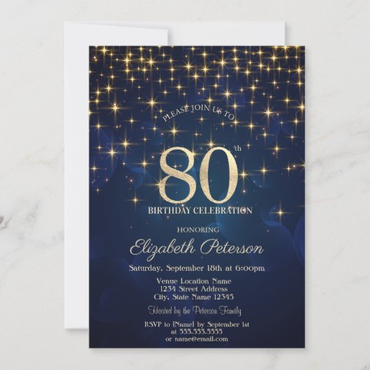金ゴールドスエレガントターズネイビーブルー80th誕生日パーティー 招待状 (正面)