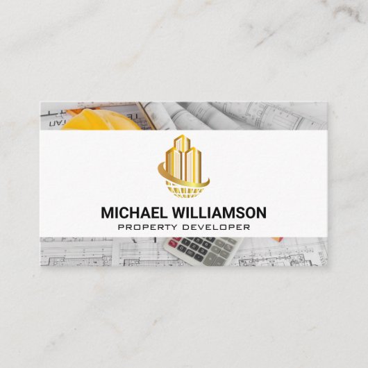 金ゴールドスカイスクレーパー建物 | ブループリント 名刺 (正面)