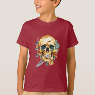 金ゴールドスカルとナイフと花 Tシャツ