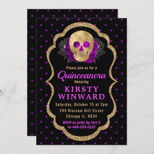 金ゴールドスカルフローラ水玉模様ハロウィーンキンセアニェラ 招待状 (正面/裏面)