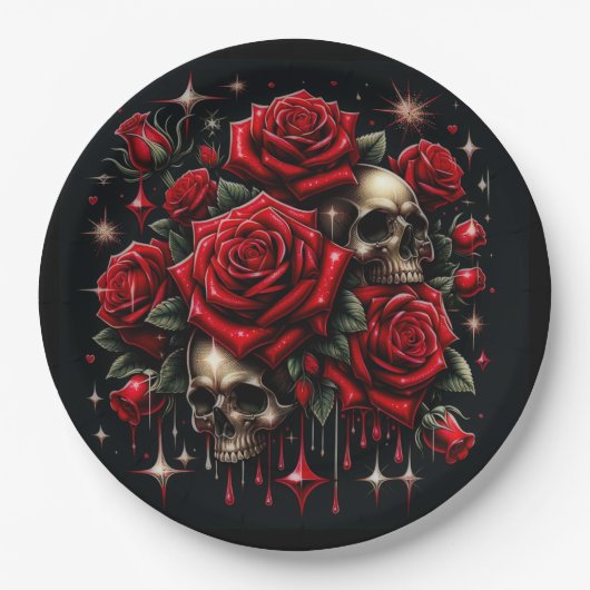 金ゴールドスカル&レッドローズスパークルゴシックグラマー ペーパープレート (正面)
