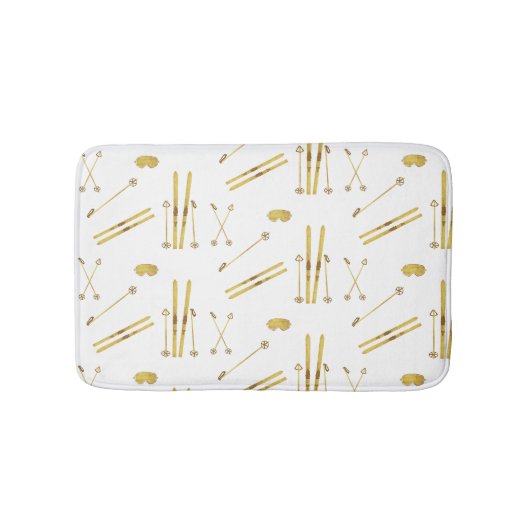 金ゴールドスキーとポール |レトロスキーパターン バスマット (正面)