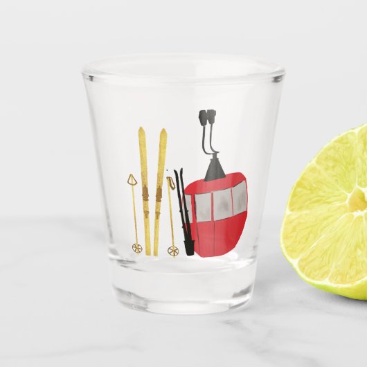 金ゴールドスキーとポール |レトロスキーリフト ショットグラス (正面)