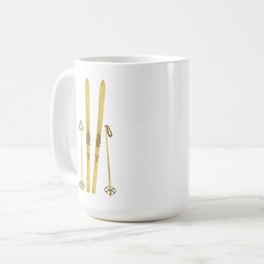 金ゴールドスキーとポール |ヴィンテージスキーイラストレーション コーヒーマグカップ (正面左)