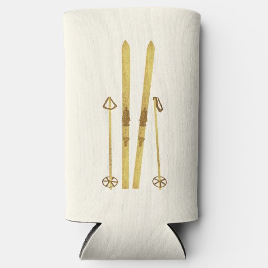 金ゴールドスキーとポール |ヴィンテージスキークリーム スリム缶クーラー (正面)