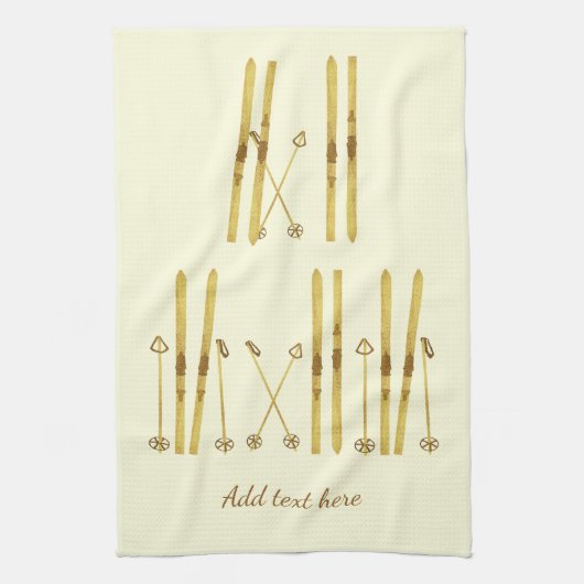 金ゴールドスキーポール |ヴィンテージスキーイラストレーションクリーム キッチンタオル (縦)
