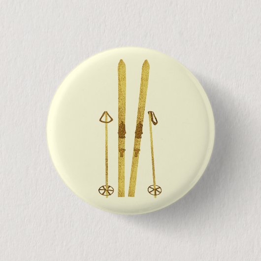 金ゴールドスキーポール |ヴィンテージスキーイラストレーションクリーム 缶バッジ (正面)