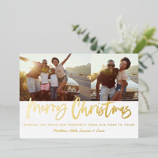 金ゴールドスクリプトのクリスマス2の写真モダン 箔シーズンカード (立ち正面)