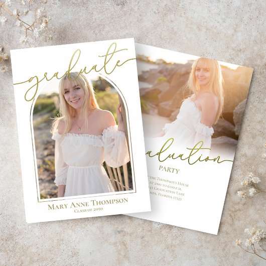 金ゴールドスクリプトの卒業写真パーティー 招待状