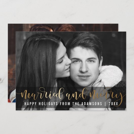 金ゴールドスクリプトの新しいホリデーブラック&ホワイト写真 シーズンカード (正面/裏面)