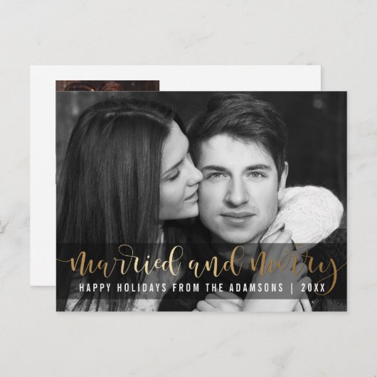 金ゴールドスクリプトの新しいホリデーブラック&ホワイト写真 シーズンポストカード (正面/裏面)