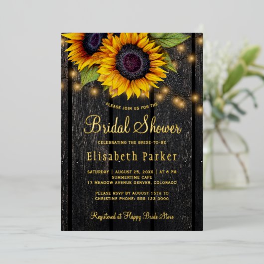 金ゴールドスクリプトひまわりの国の木材ブライダルシャワー 箔招待状 (立ち正面)