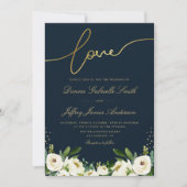 金ゴールドスクリプトアイボリーホワイトガーデンフローラネイビー結婚ズ 招待状 (正面)