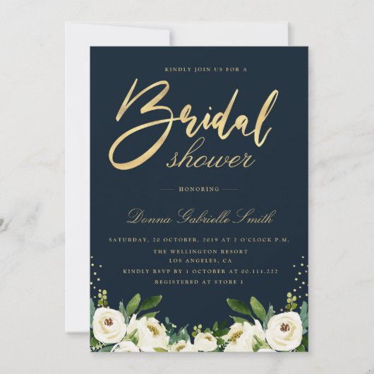 金ゴールドスクリプトアイボリーホワイトフローラネイビーブライダルシャワー 招待状 (正面)