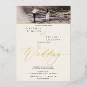 金ゴールドスクリプトアイボリー2枚の写真結婚の数 箔招待状 (正面)