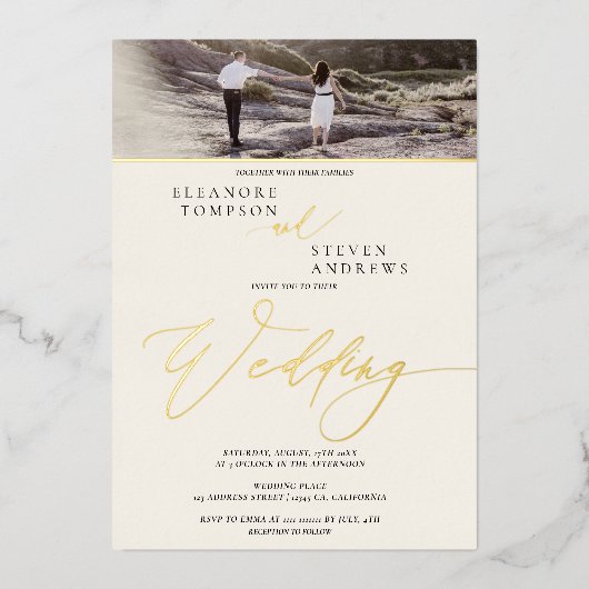 金ゴールドスクリプトアイボリー2枚の写真結婚の数 箔招待状 (正面)