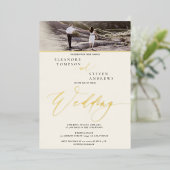 金ゴールドスクリプトアイボリー2枚の写真結婚の数 箔招待状 (立ち正面)