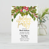 金ゴールドスクリプトクリスマスホリデーパーティホリーフローラ 招待状 (スタンド正面)
