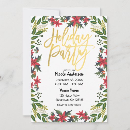 金ゴールドスクリプトクリスマスホリデーパーティー素朴フローラ 招待状 (正面)