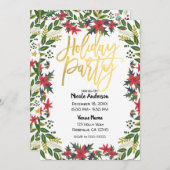 金ゴールドスクリプトクリスマスホリデーパーティー素朴フローラ 招待状 (正面/裏面)