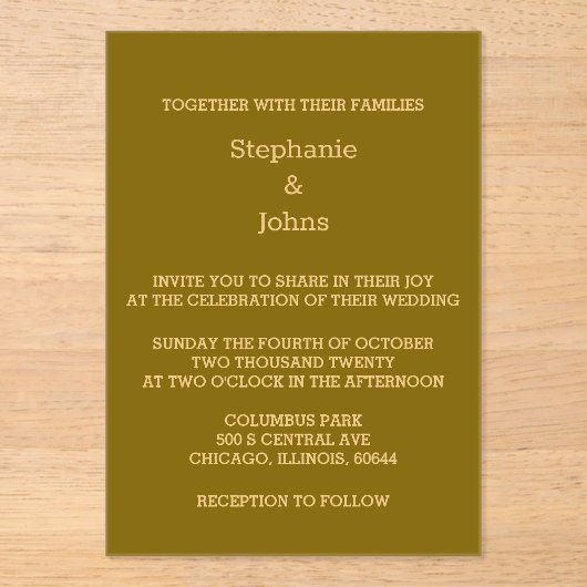 金ゴールドスクリプトゴールデンイエローブラウンエレガントな結婚式 アクリル招待状 (正面)