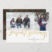 金ゴールドスクリプトシーズンの挨拶タータンチェックフォトカード シーズンカード (正面/裏面)