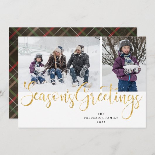 金ゴールドスクリプトシーズンの挨拶タータンチェックフォトカード シーズンカード (正面/裏面)