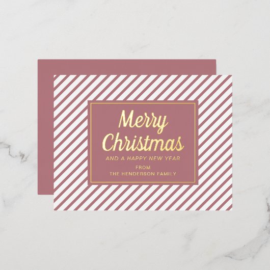 金ゴールドスクリプトストライプピンクのクリスマス 箔シーズンポストカード (正面/裏面)