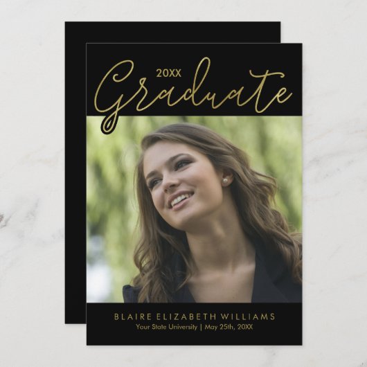 金ゴールドスクリプトタイポグラフィの卒業発表 案内状 (正面/裏面)