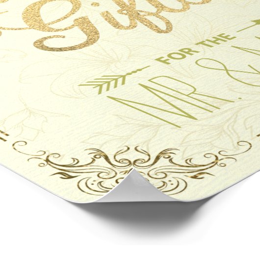 金ゴールドスクリプトフローラフレームカード結婚ギフトのサイン ポスター (角)