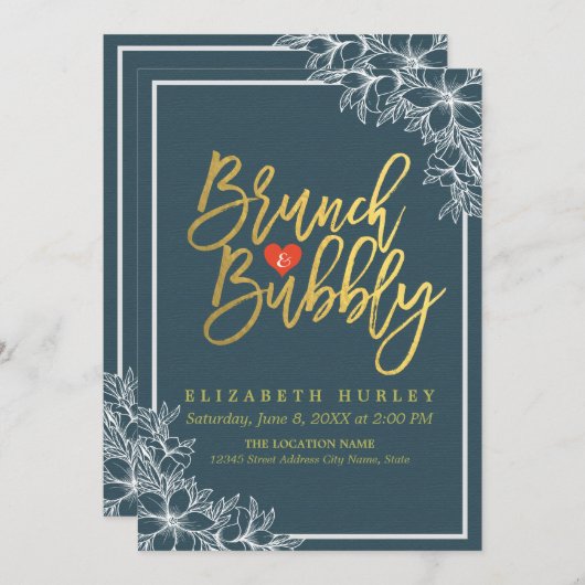 金ゴールドスクリプトフローラブランチブライダルシャワー 招待状 (正面/裏面)