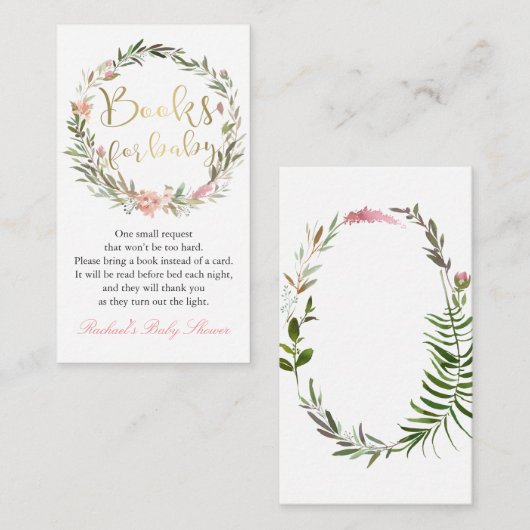 金ゴールドスクリプトフローラリースベビーシャワー予約リクエスト エンクロージャーカード (正面/裏面)