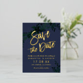 金ゴールドスクリプトフローラ緑の青の保存日付 箔招待状ポストカード (立ち正面)