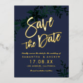 金ゴールドスクリプトフローラ緑の青の保存日付 箔招待状ポストカード (正面)