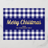 金ゴールドスクリプトブルーギンガムメリークリスマス 箔シーズンポストカード (正面)