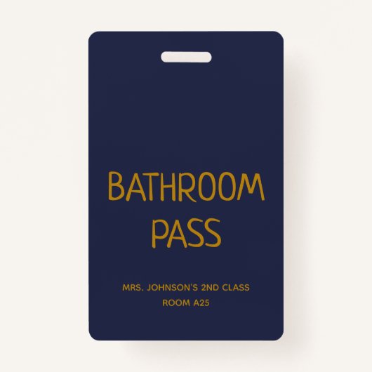 金ゴールドスクリプトブルー新学期バスルームホールパス バッジ (正面)