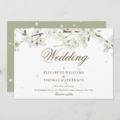 金ゴールドスクリプトホワイトブロッサム結婚フローラ 招待状 (正面/裏面)