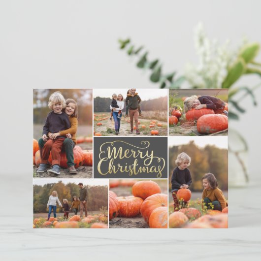 金ゴールドスクリプトメリークリスマスコラージホリデーカード シーズンカード (スタンド正面)