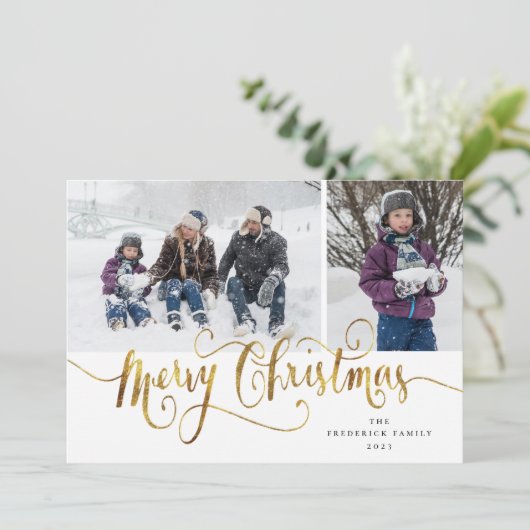 金ゴールドスクリプトメリークリスマスタータンチェックフォトカード シーズンカード (スタンド正面)