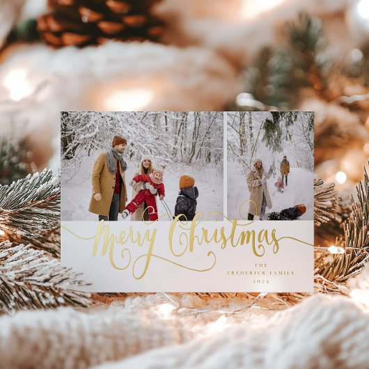 金ゴールドスクリプトメリークリスマスタータンチェック写真 箔シーズンカード