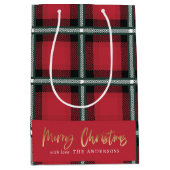 金ゴールドスクリプトメリークリスマスレッドタータンチェックの休日  ミディアムペーパーバッグ (正面)