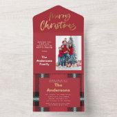 金ゴールドスクリプトメリークリスマスレッドタータンチェック写真すべてi オールインワン招待状 (内側)