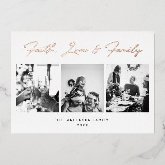 金ゴールドスクリプト信仰、愛と家族のクリスマスフォト 箔シーズンカード (正面)