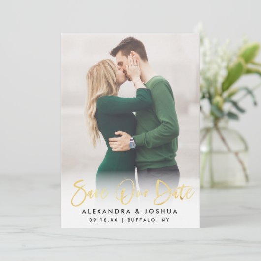 金ゴールドスクリプト写真フォイルに日付を保存フェイクする セーブザデート (スタンド正面)